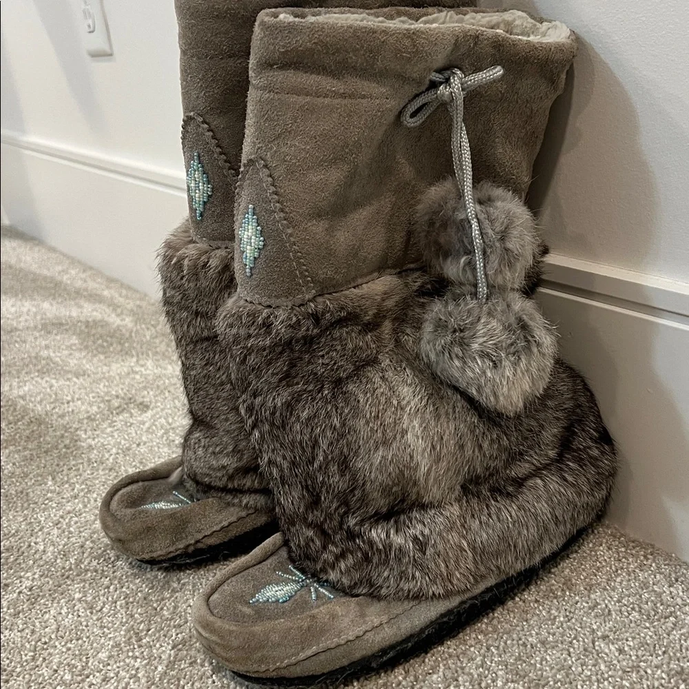 MUK LUKS Gray Rabbit Fur Winter Boots - Picture 2 of 4